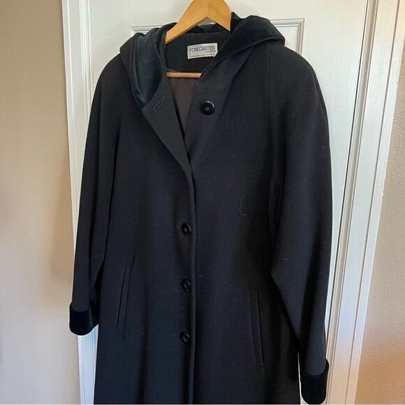 Vintage Black Lambswool Forecaster Velvet Trimed Hooded Long Trench Coat (10) - Picture 14 of 14